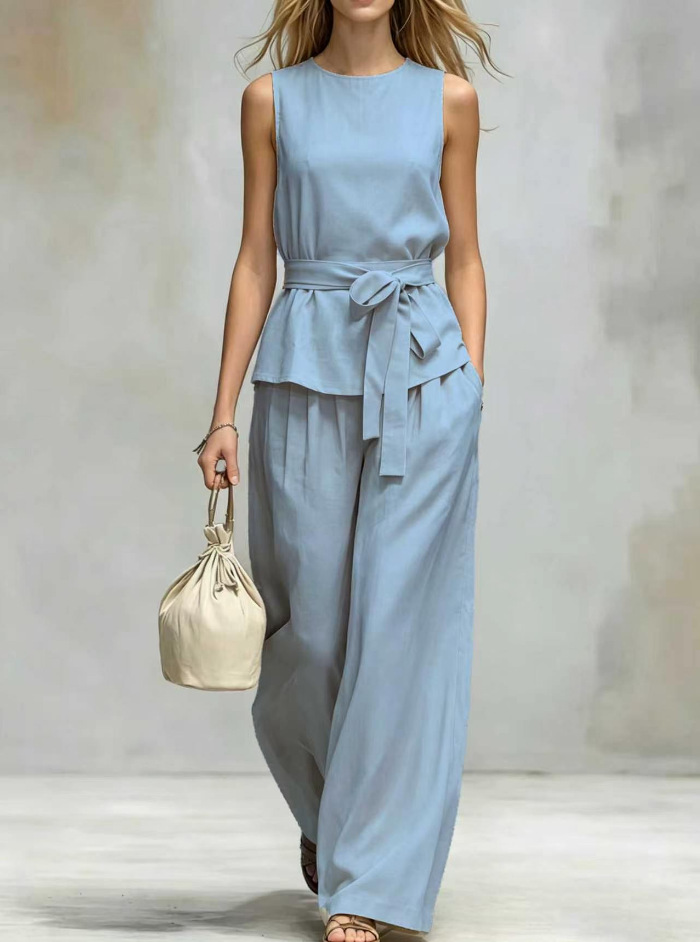 Women's Sleeveless Top and Belted Pants Two-Piece Set