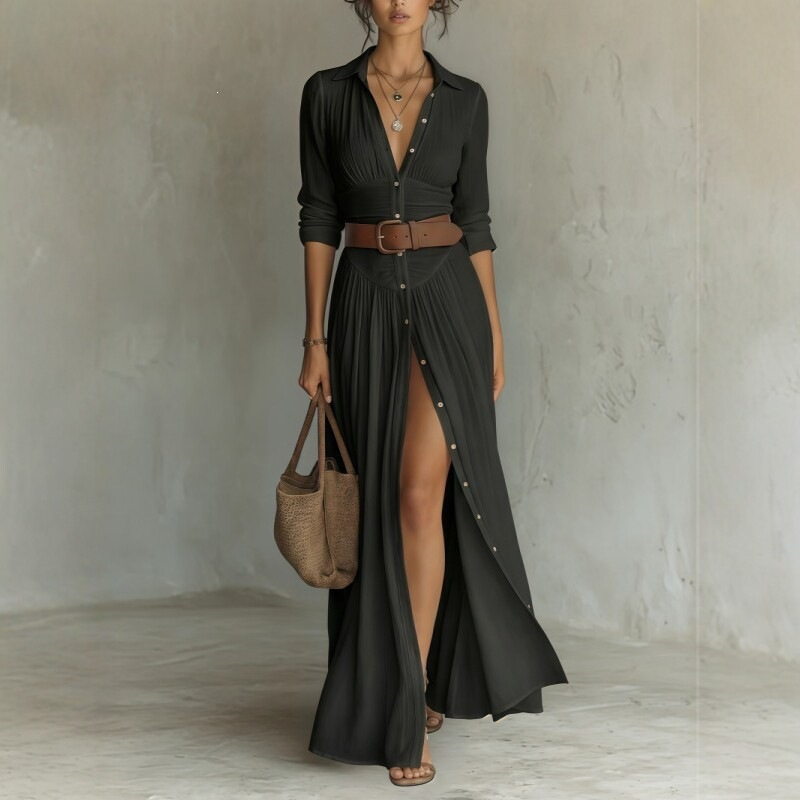 Women's Collared Long Sleeve Shirt Dress High Waist Pleated Split Long Vacation Dress with Belt