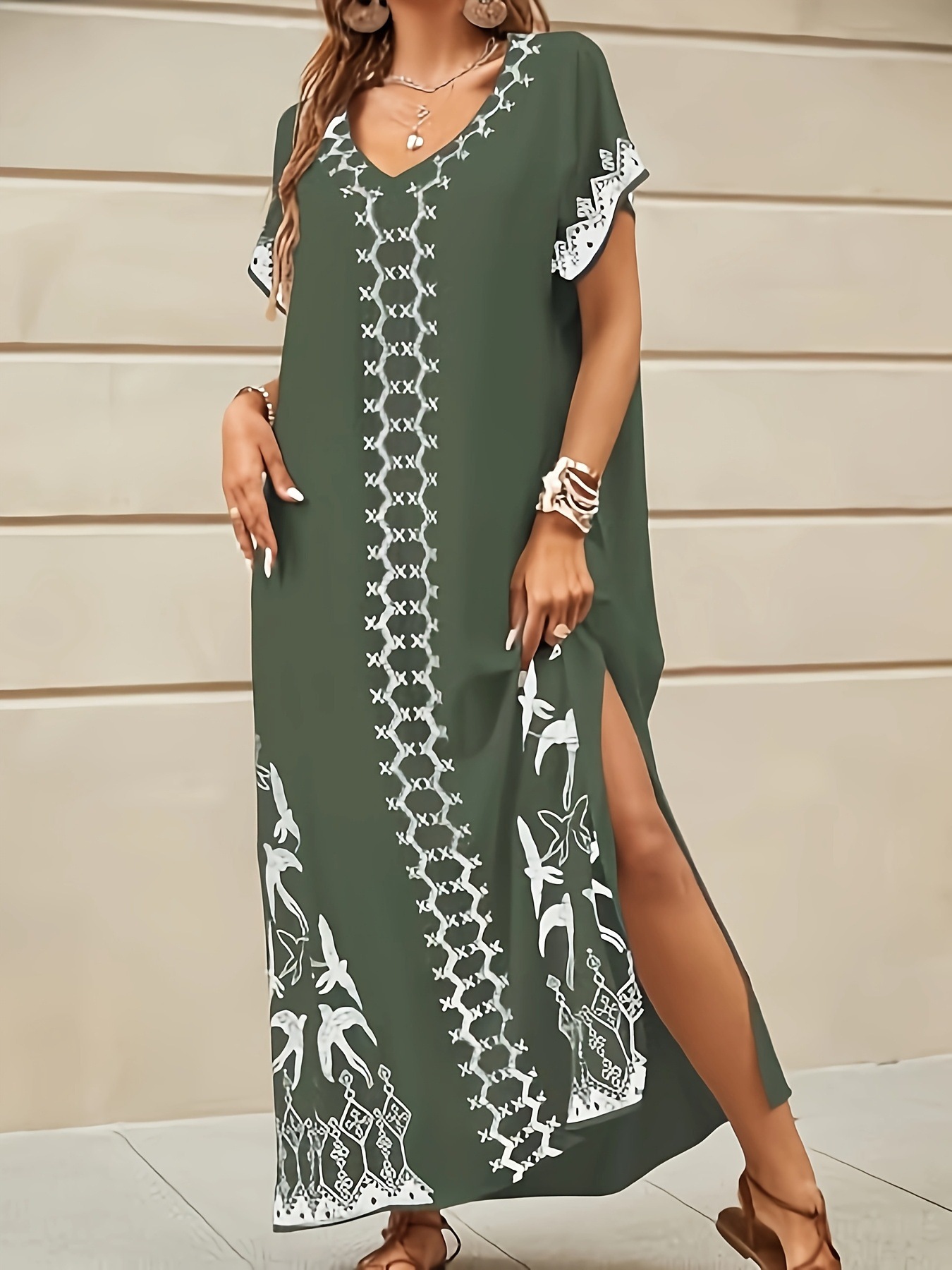 Bohemian Geometric Print V-Neck Batwing Sleeve Maxi Dress