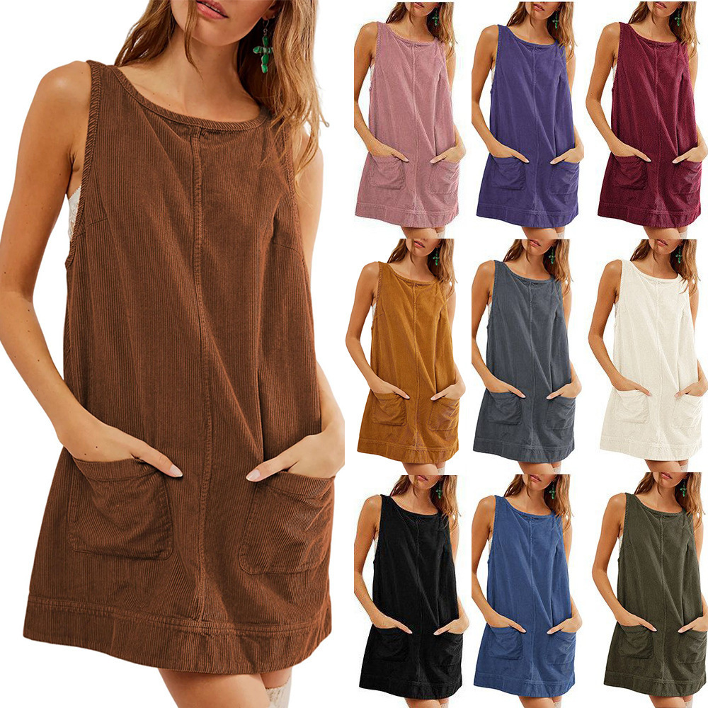Women's Corduroy Sleeveless A-Line Midi Dress Y2K Streetwear