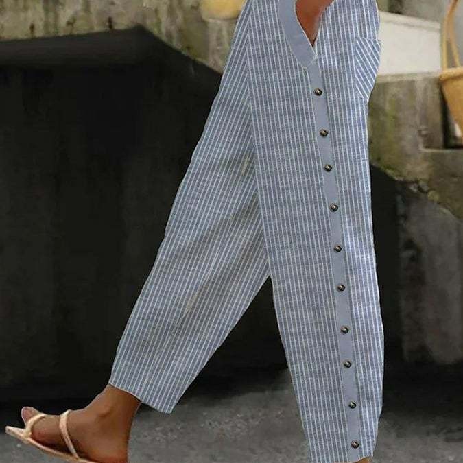 Striped Print Button Elastic Waist Cropped Pants with Pockets
