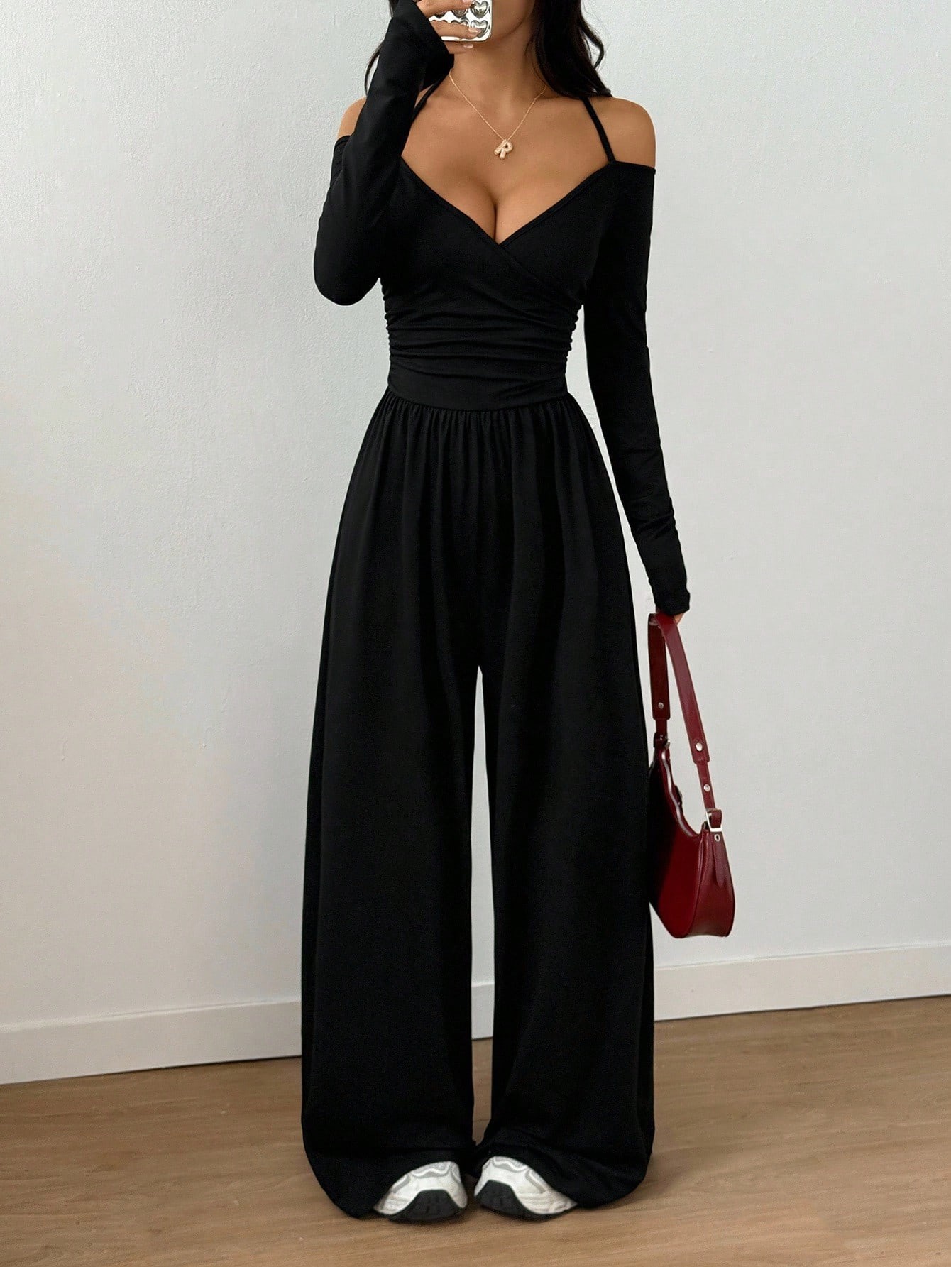 V-Neck Halter Tie Long Sleeve Wide Leg Jumpsuit with Waist