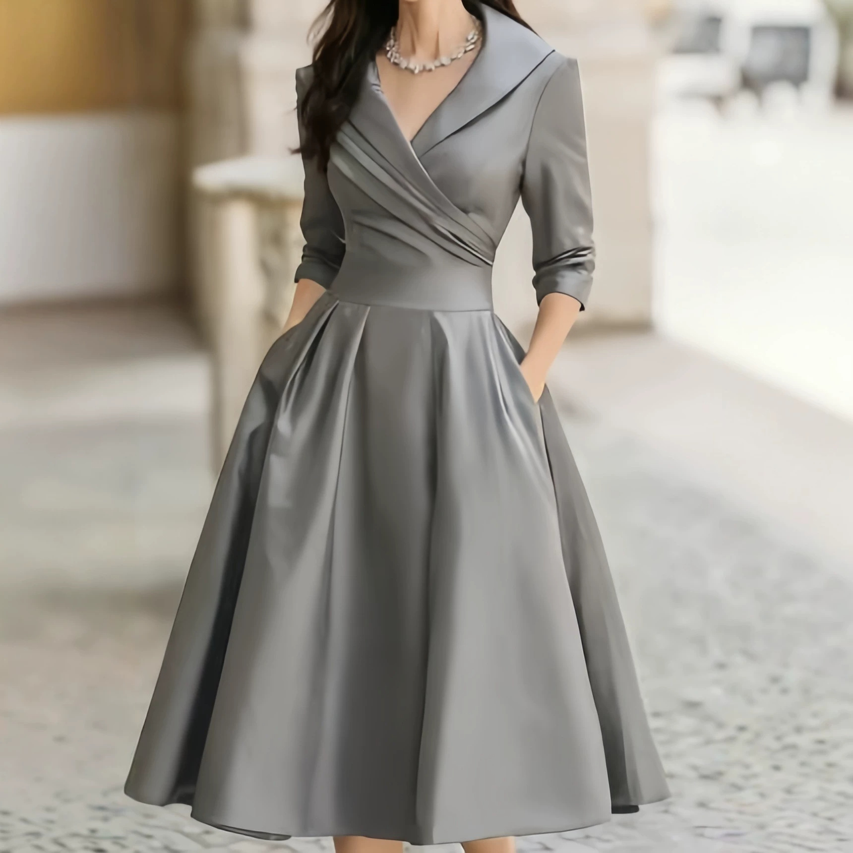 Women's Elegant Waist-Cinching Midi Dress