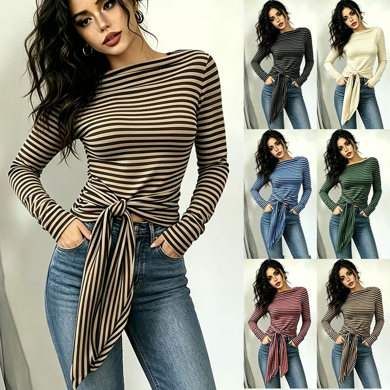 Retro Striped Off-Shoulder Long-Sleeve T-Shirt with Tie Hem Slim Fit