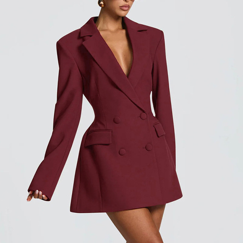 Women's Solid Deep V-Neck Long Sleeve Blazer Dress Slim Fit