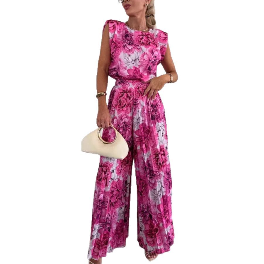 Women's Sleeveless Pleated Wide-Leg Two-Piece Set