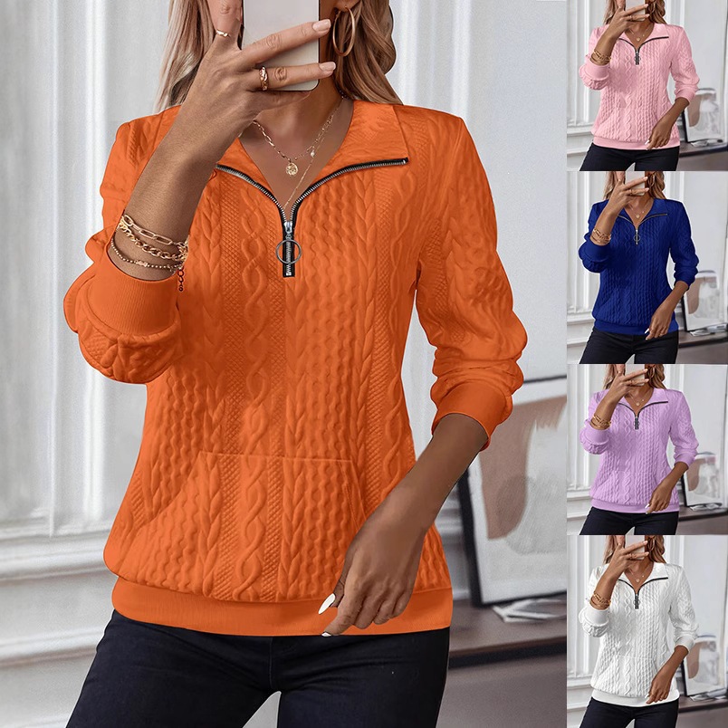 Women's Cable Knit Half-Zip Sweatshirt Collared Long Sleeve Top