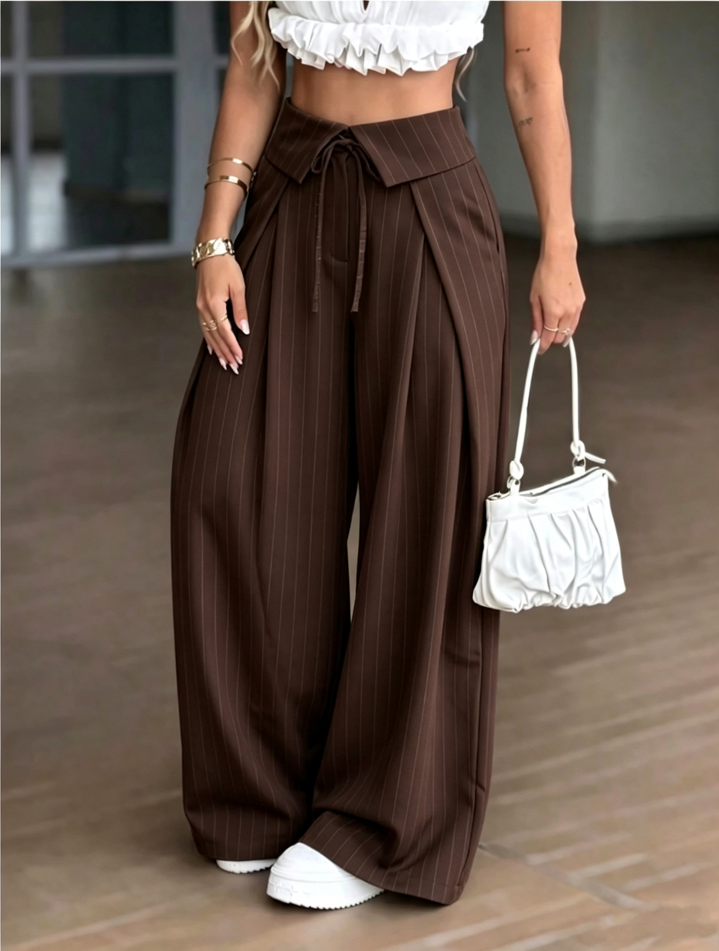 High-Waist Striped Wide-Leg Suit Pants Casual Trousers