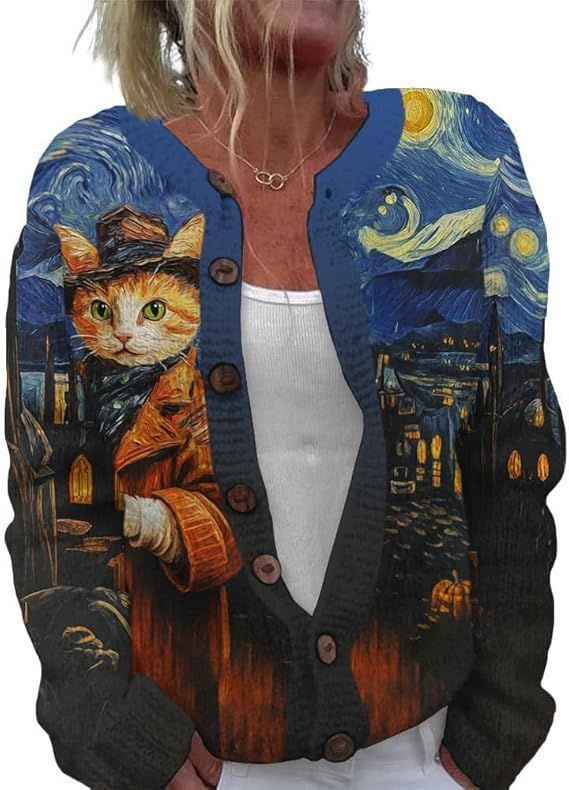 Women's Heart Print Button Cardigan Sweater