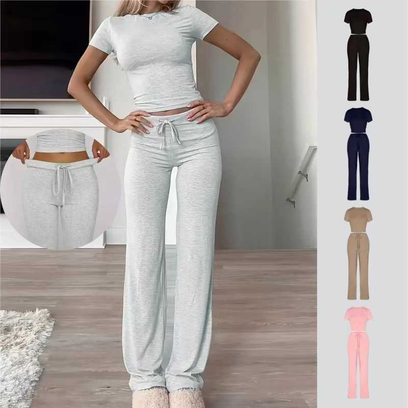 Women's Solid Color Long Pants and Short Sleeve T-Shirt Casual Two-Piece Set