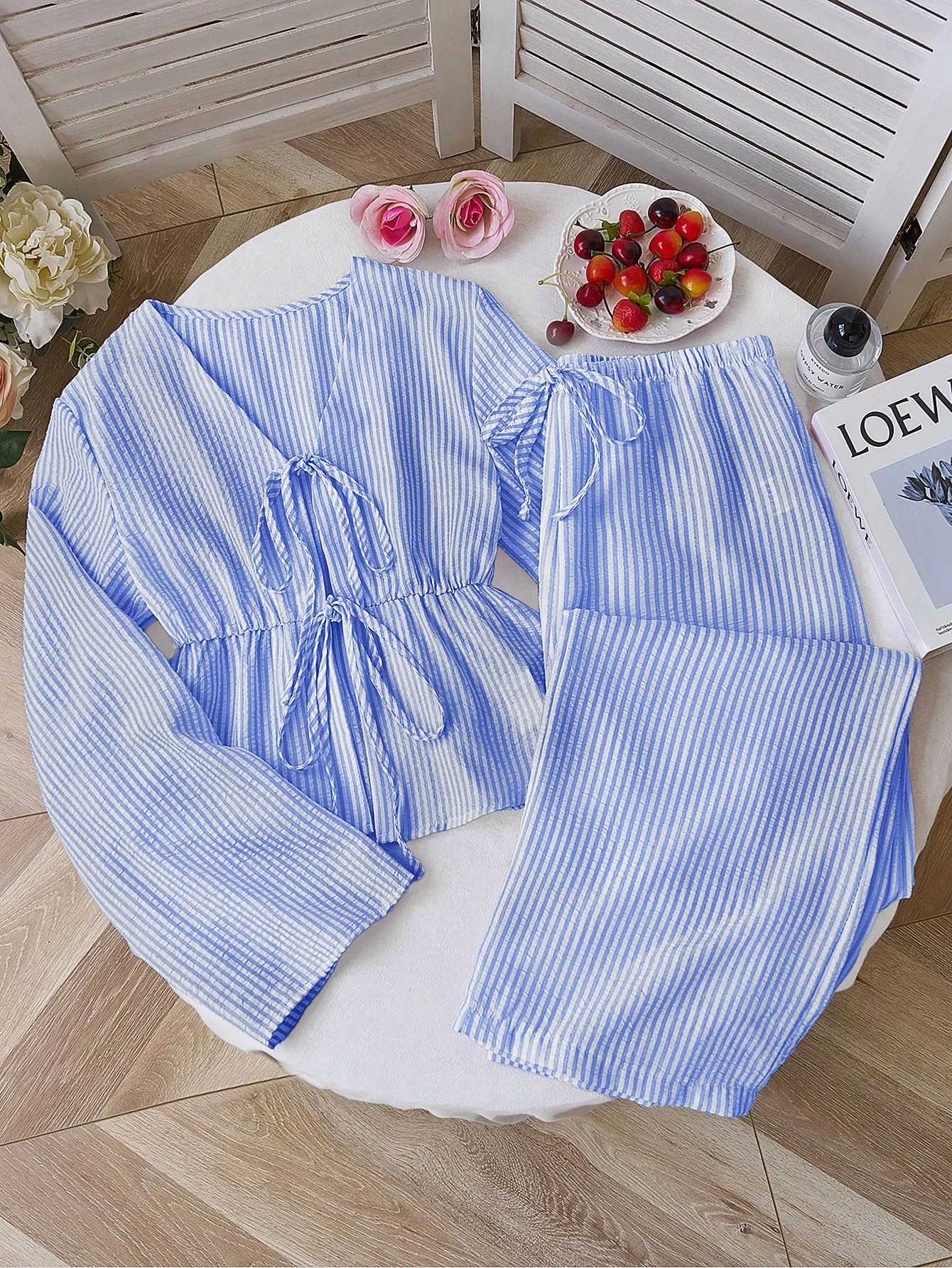 Striped Tie-Front Long-Sleeve Two-Piece Pants Set