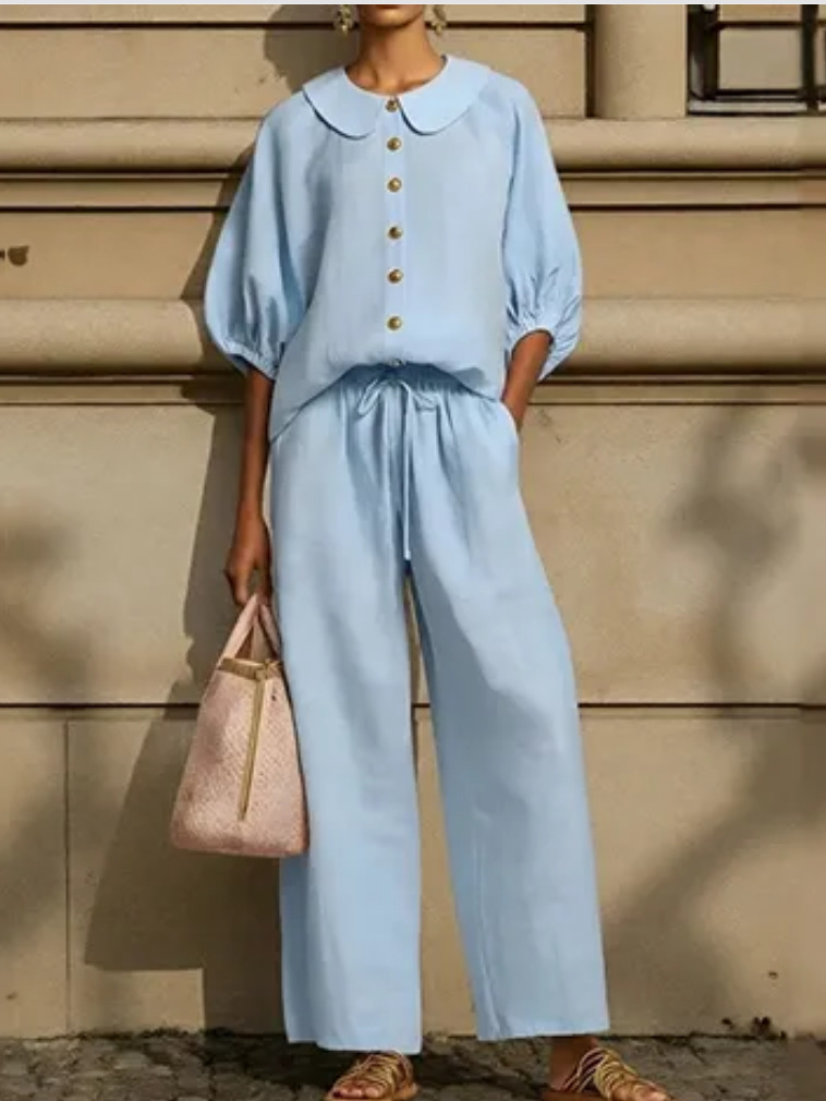 Women's Linen-Blend Collared Shirt and Wide-Leg Pants Set Casual Two-Piece