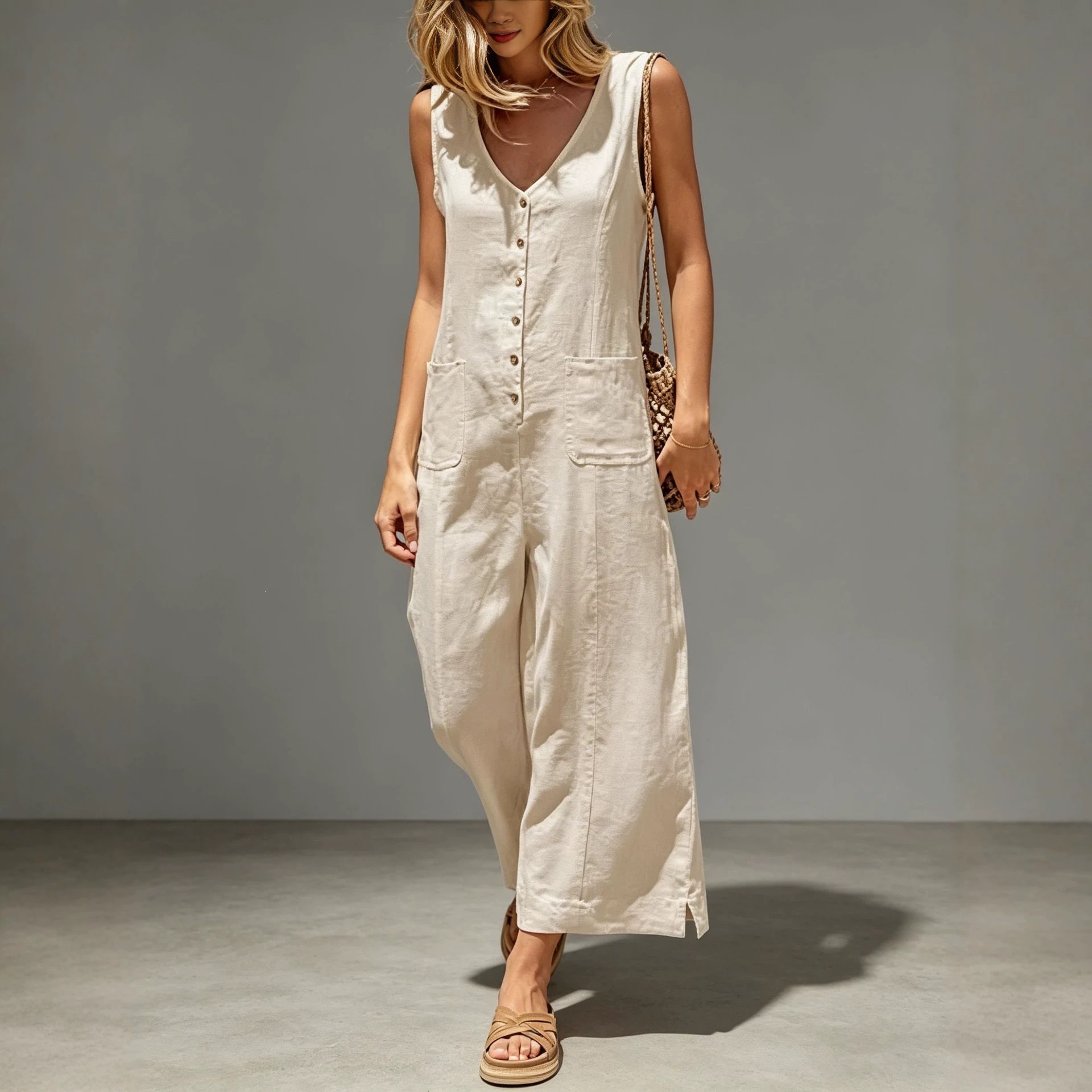 Women's Sleeveless Button-Front Wide-Leg Jumpsuit with Pockets