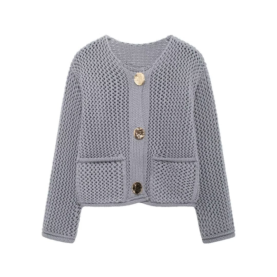 Women's Solid Color Button-Up Knit Cardigan with Pockets Crew Neck Long Sleeve Chunky Sweater Coat