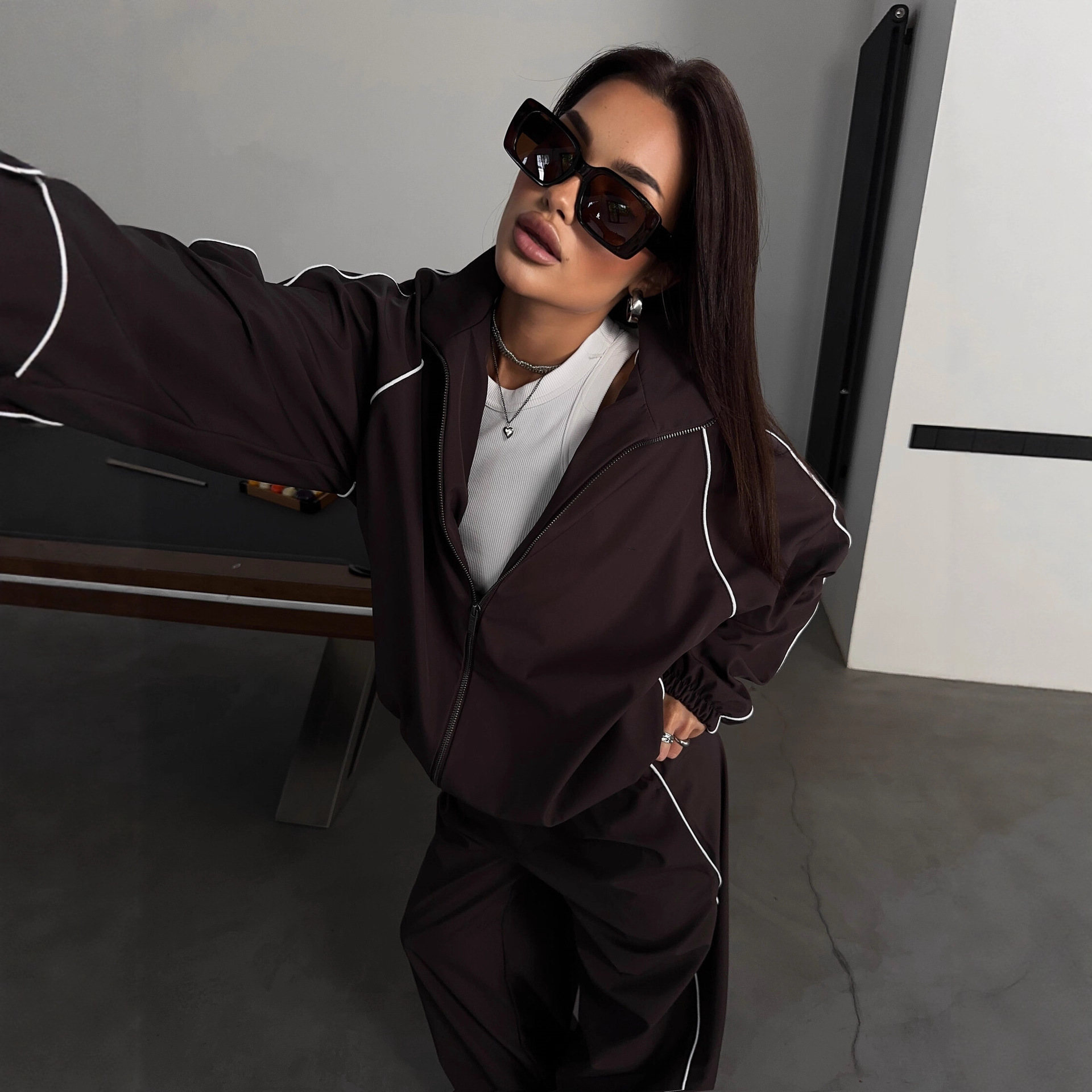 Women's Casual Two-Piece Set with Zip Cardigan and Pants