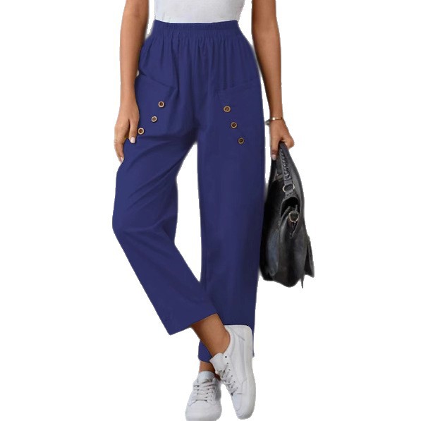Women's Cotton-Linen Harem Pants Solid Color Elastic Waist Pockets