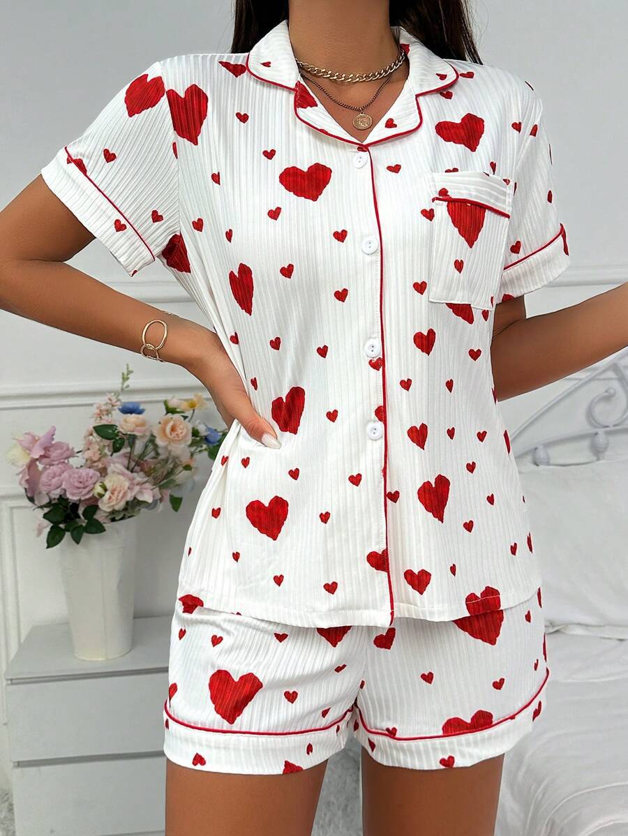 Cuban Collar Heart Bow Print Short Sleeve Women's Casual Two-Piece Set