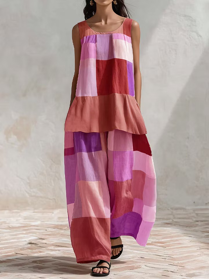 Boho Colorblock Print Sleeveless Shirt & Pants Set