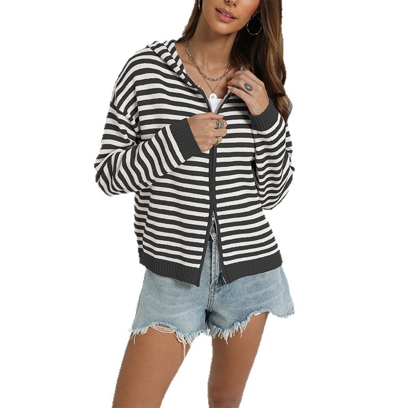 Women's Casual Hooded Striped Colorblock Knit Zip Cardigan