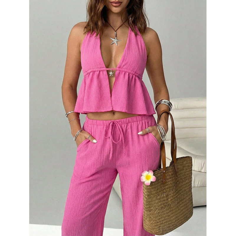 Women's Halter V-Neck Open-Back Ruched Top & Wide-Leg Pants Set
