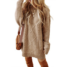 Cozy Cable-Knit Sweater Dress Round Neck Long Sleeve Knee-Length