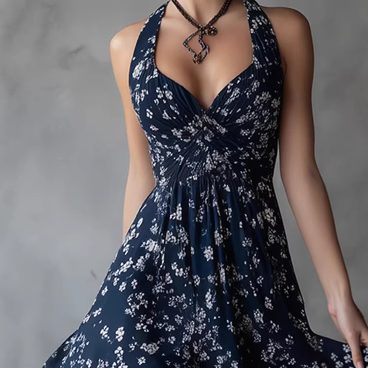 Vintage Floral Print Navy Chiffon Maxi Dress