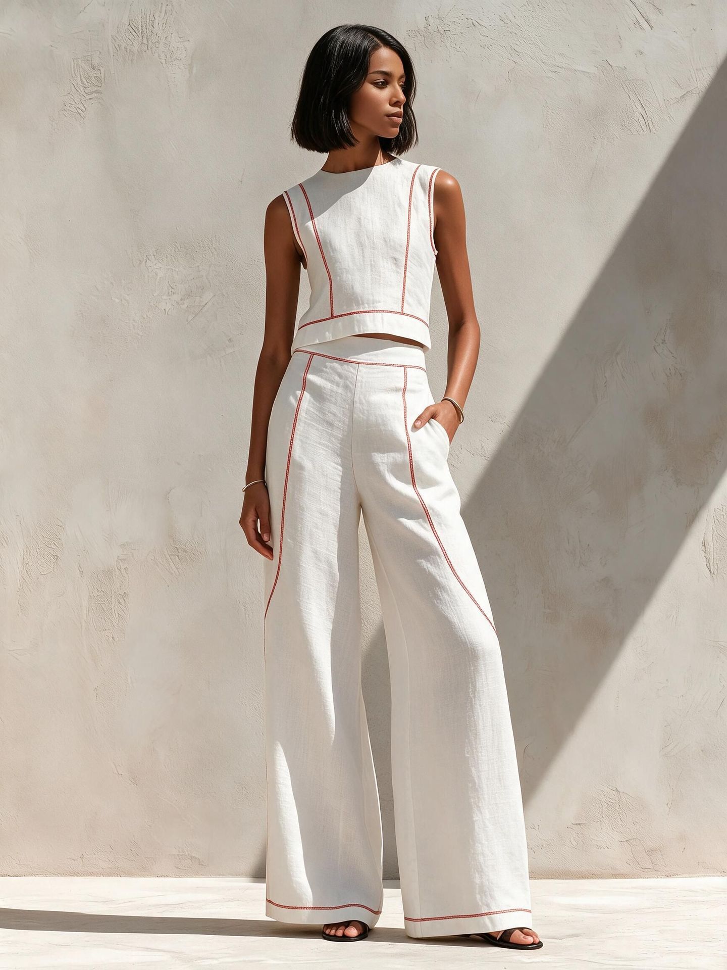 Sleeveless Color-Block Wide-Leg Pants Set Women's Casual Two-Piece