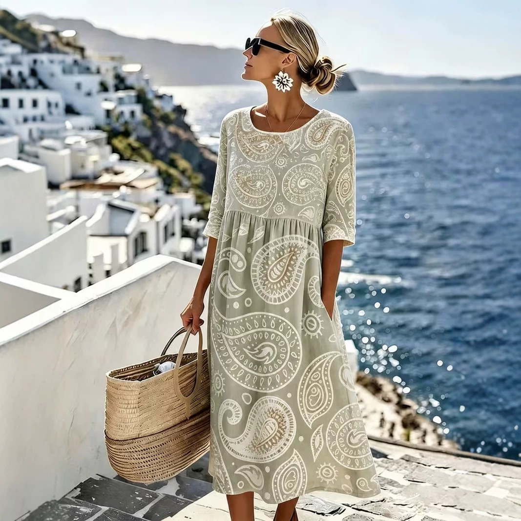 Women's Boho Vacation Print Ruched Midi Dress