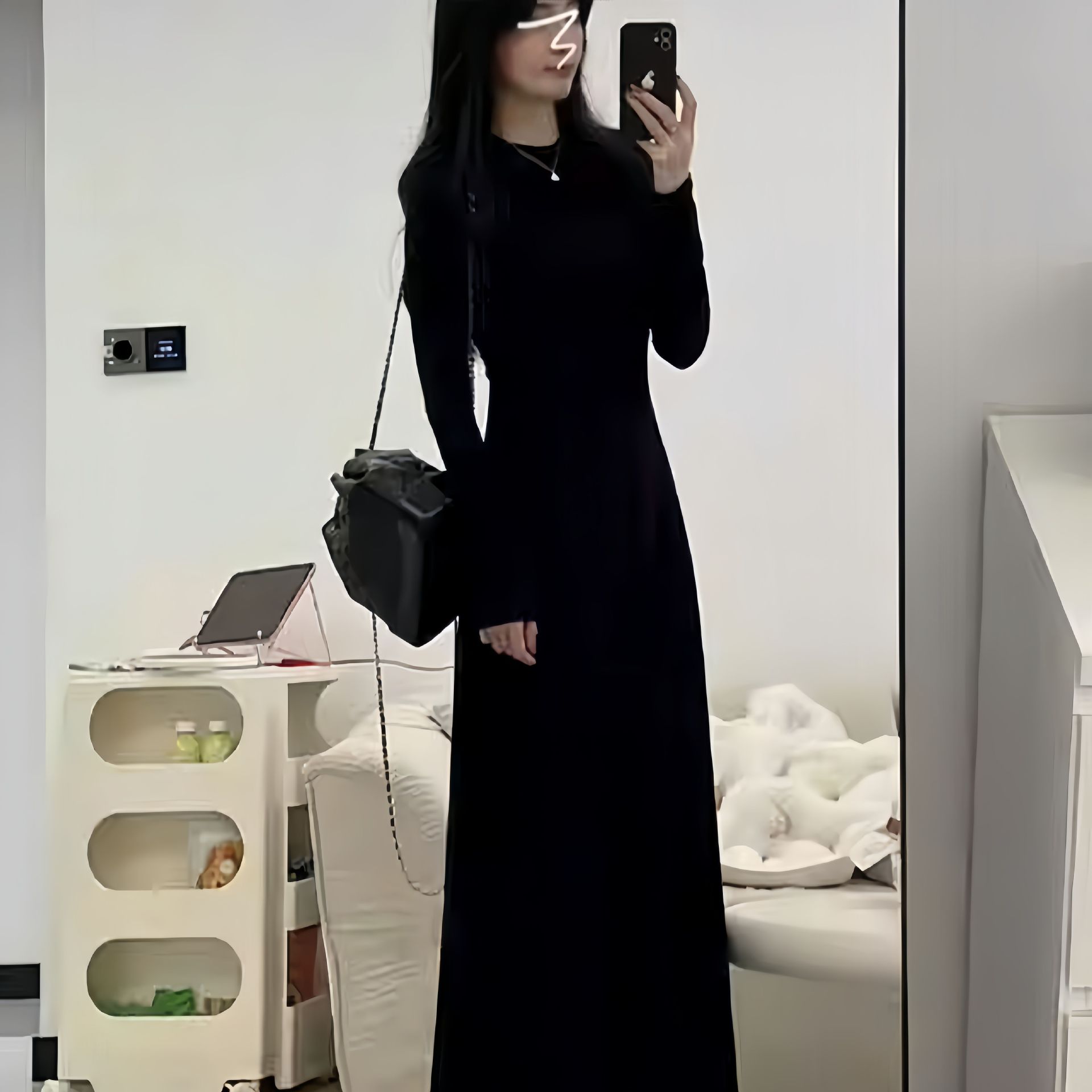 Hepburn Style Black Long Sleeve Dress French Waist-Slimming A-Line Long Dress