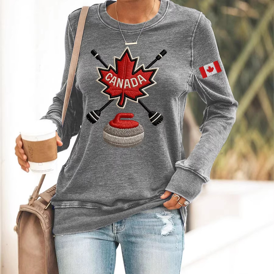Canada Maple Leaf Curling Print Crewneck Sweatshirt