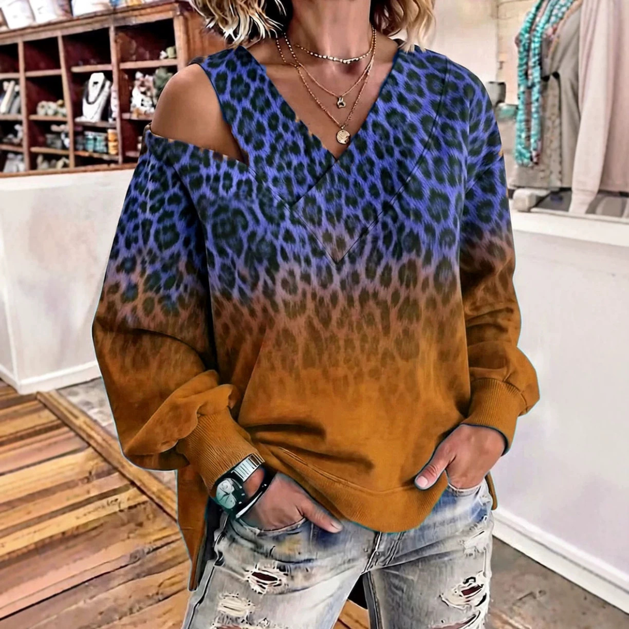Leopard Print Off-Shoulder V-Neck Long-Sleeve Loose Top