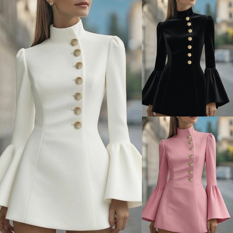 Women's Slim Fit Solid Color Stand Collar Bell Sleeve Blazer Dress