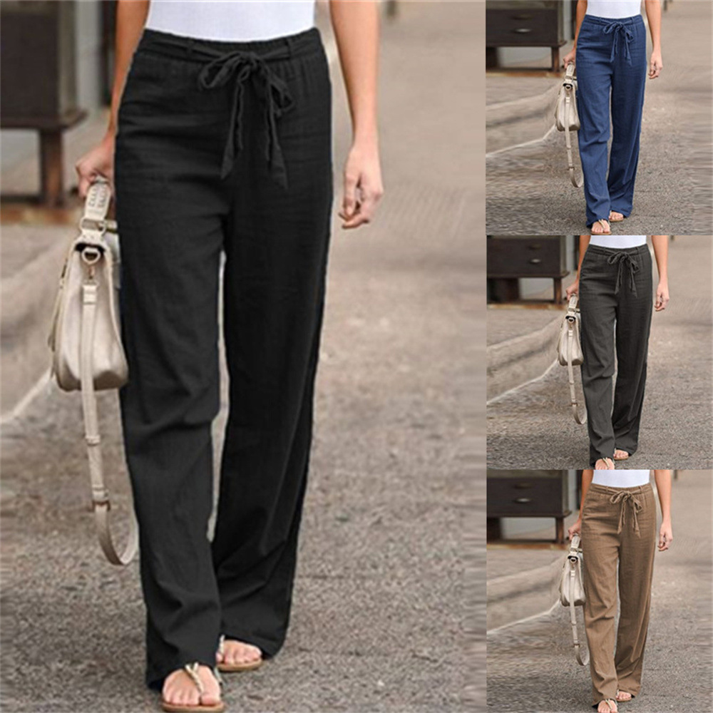 Women's Summer Cotton Wide-Leg Pants with Elastic Waist Solid Color Loose Fit