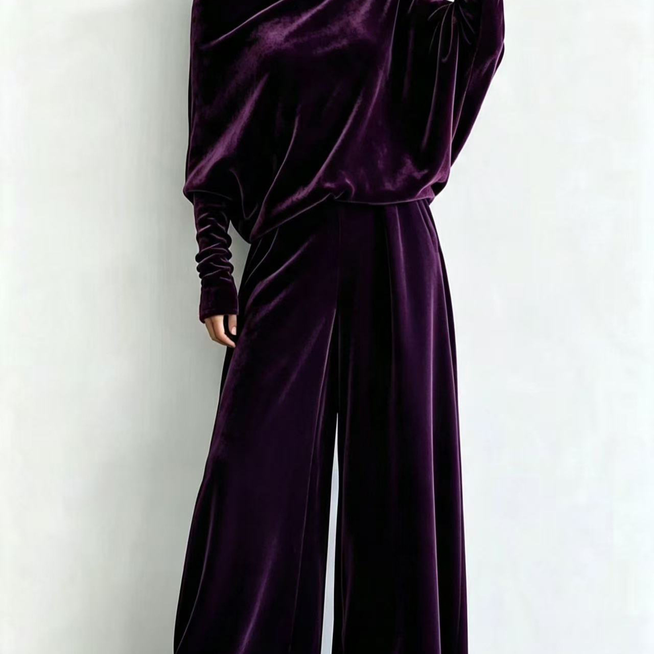 Velvet One-Shoulder Batwing Sleeve Top & High-Waist Wide-Leg Pants Set