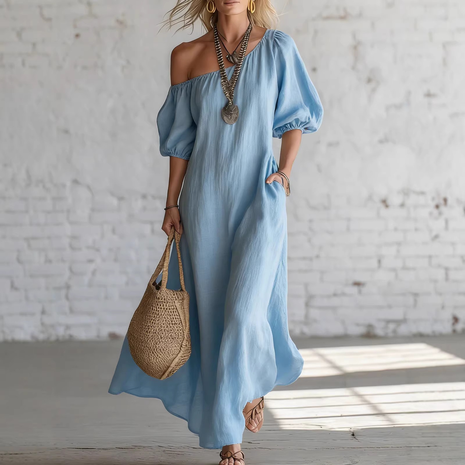 Women's Summer Solid Color Loose Off-Shoulder Vintage Long Cotton-Linen Dress