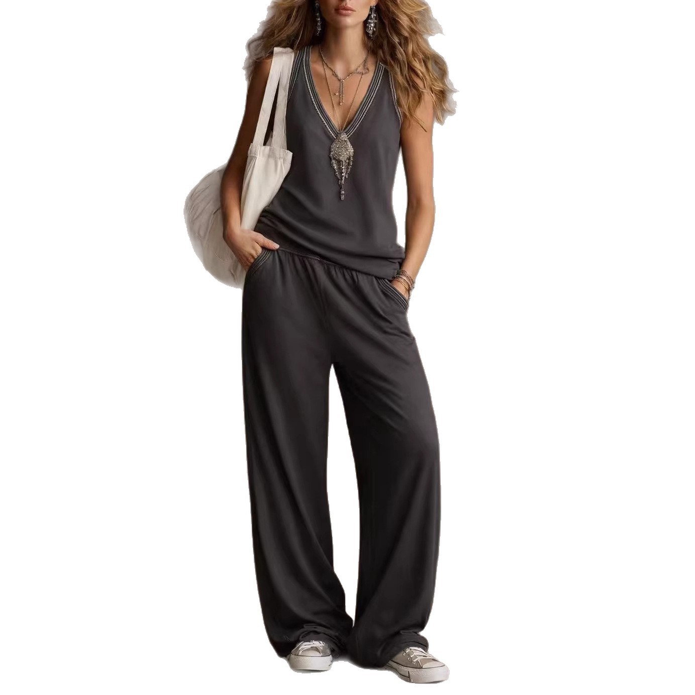 V-Neck Sleeveless Vest and Wide-Leg Pants Two-Piece Set
