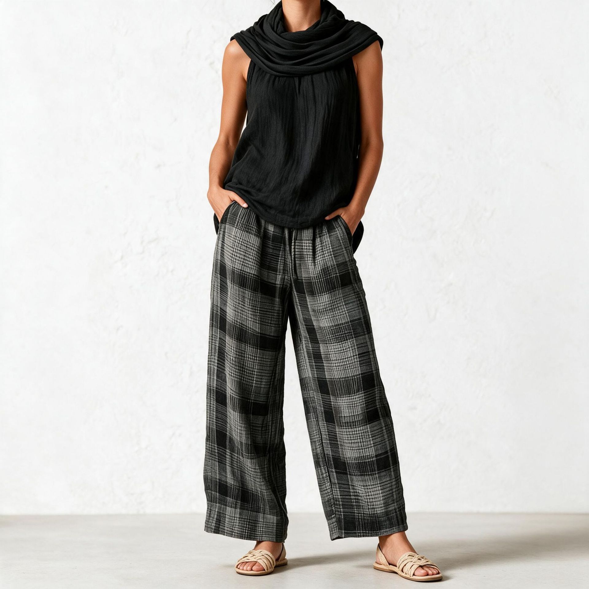 Women's Retro Sleeveless Top and Plaid Pants Set