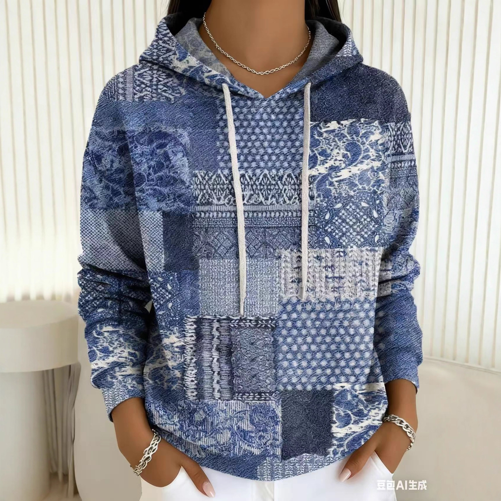 Women's Blue and White Porcelain Plaid Floral Print Hoodie Casual Pullover