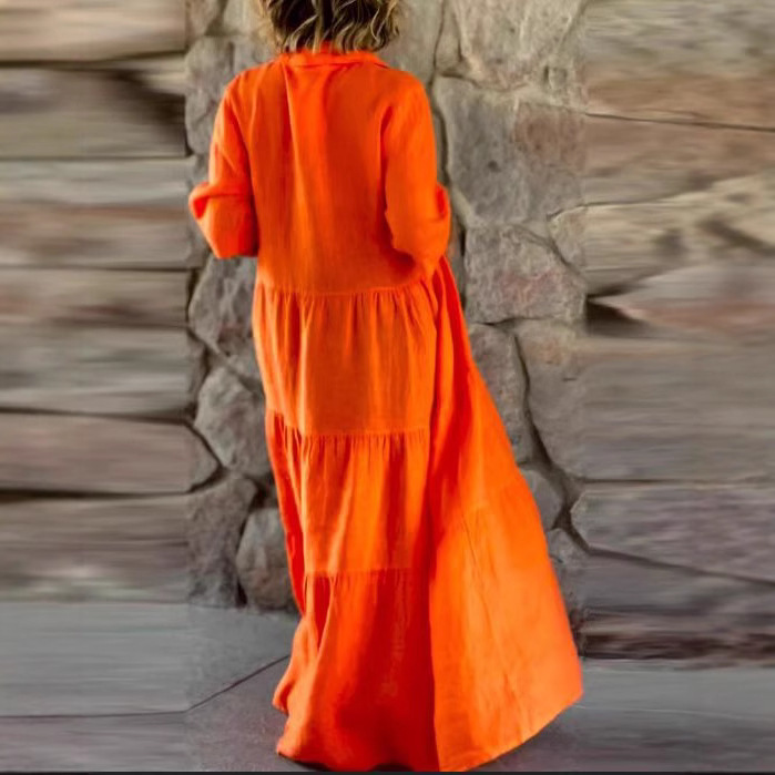 Solid Color Collared Long Sleeve Button Loose Dress