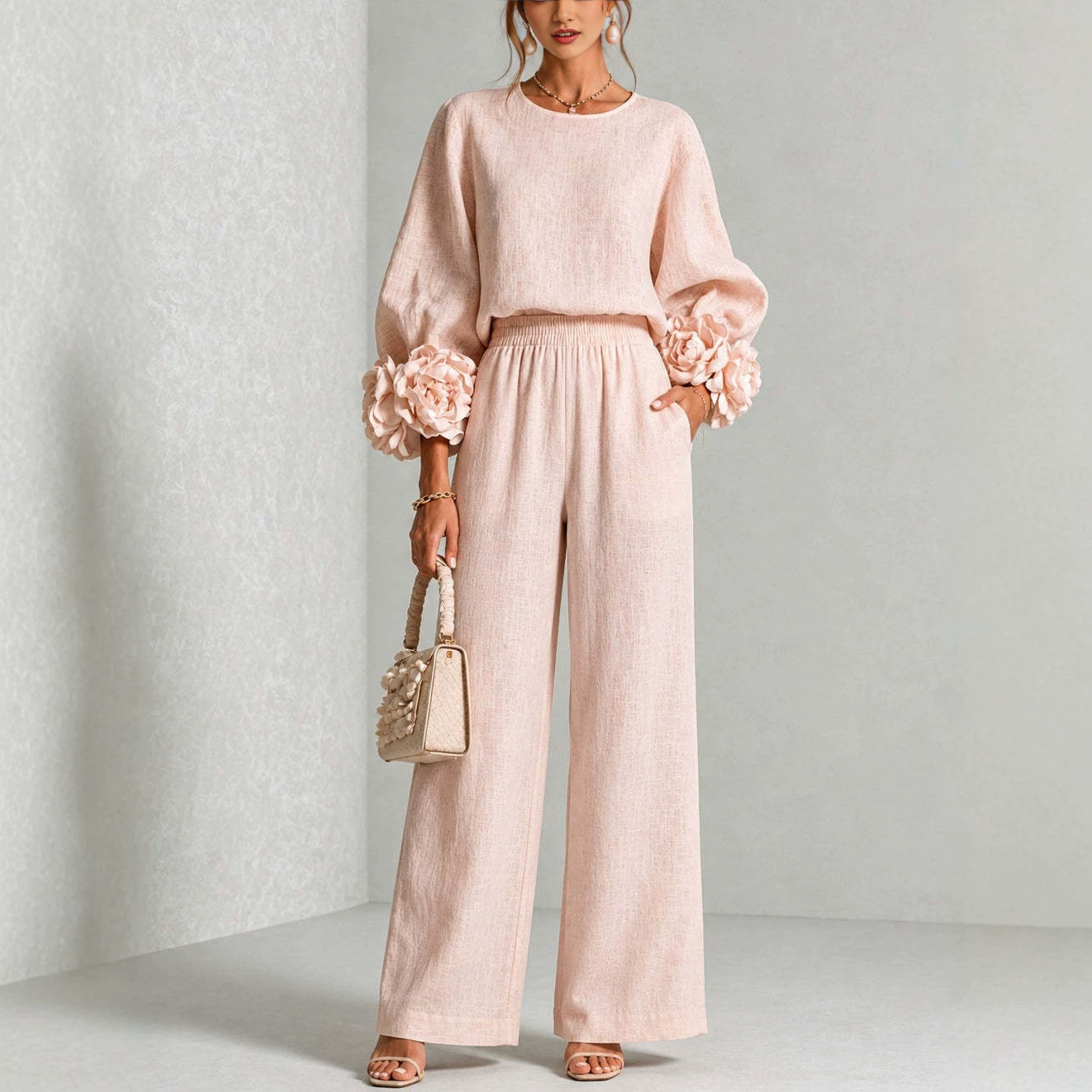 Women's Solid Floral Wide-Leg Pants Set with Long-Sleeve Crewneck Top