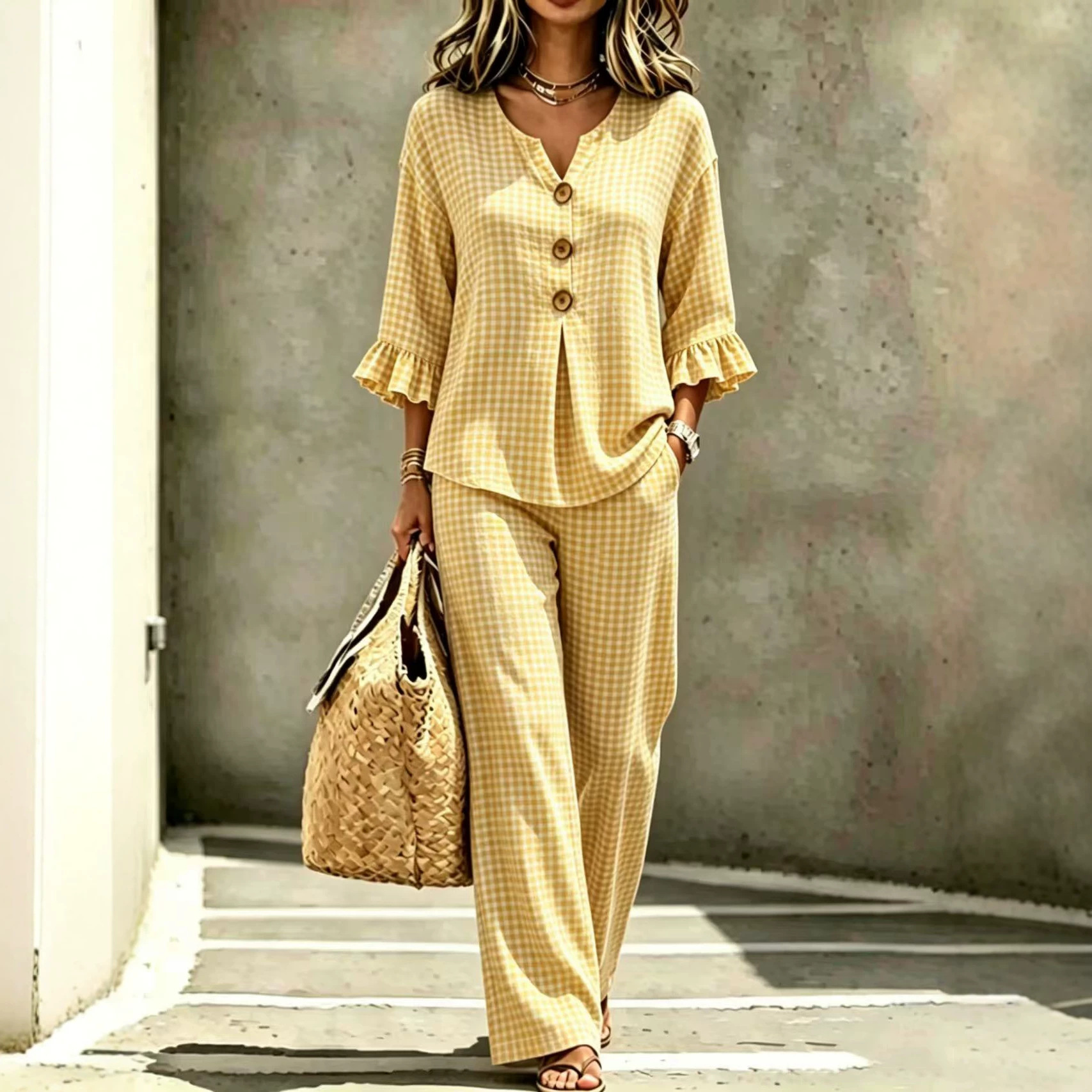 Women's Plaid V-Neck Ruffle Button Top & Pants Set