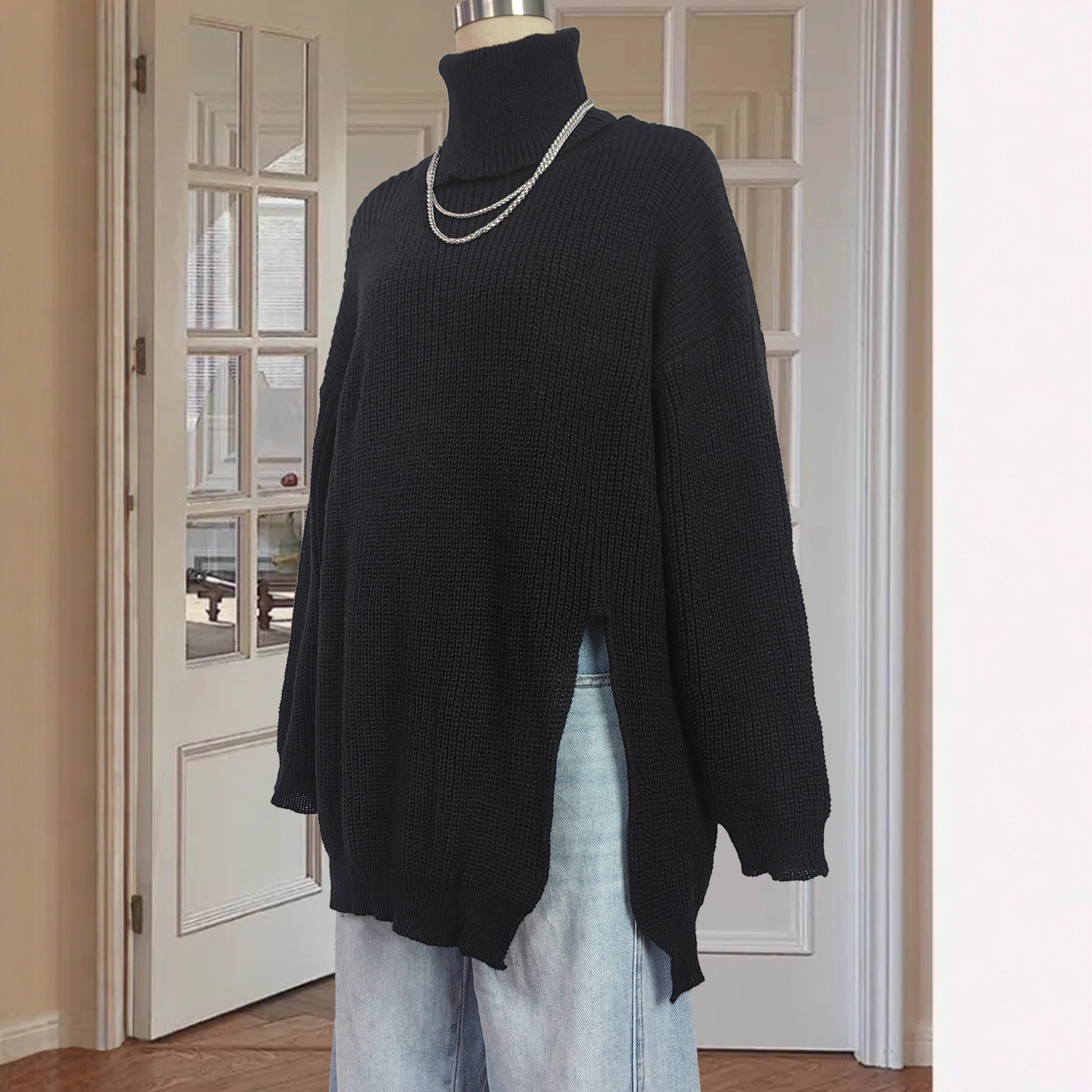 Women's High Neck Slit Tunic Sweater Plus Size Loose Pullover