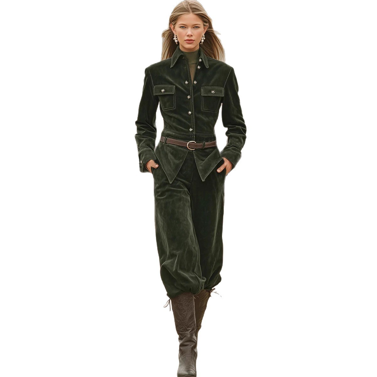 Corduroy Belted Long Sleeve Jacket and Pants Set with Pockets