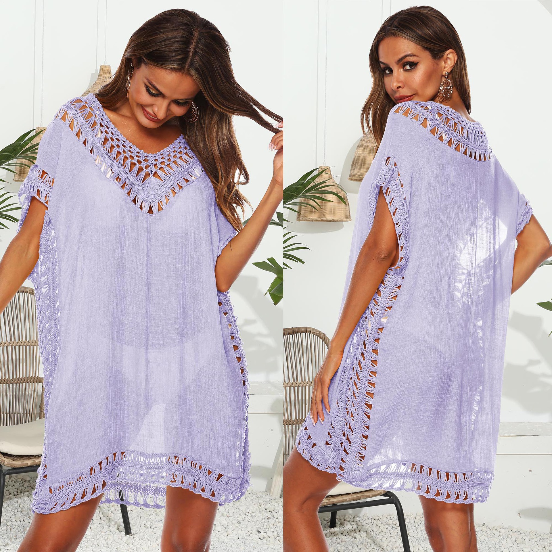 Women's V-Neck Hand-Crochet Hollow-Out Loose Beach Cover-Up Dress