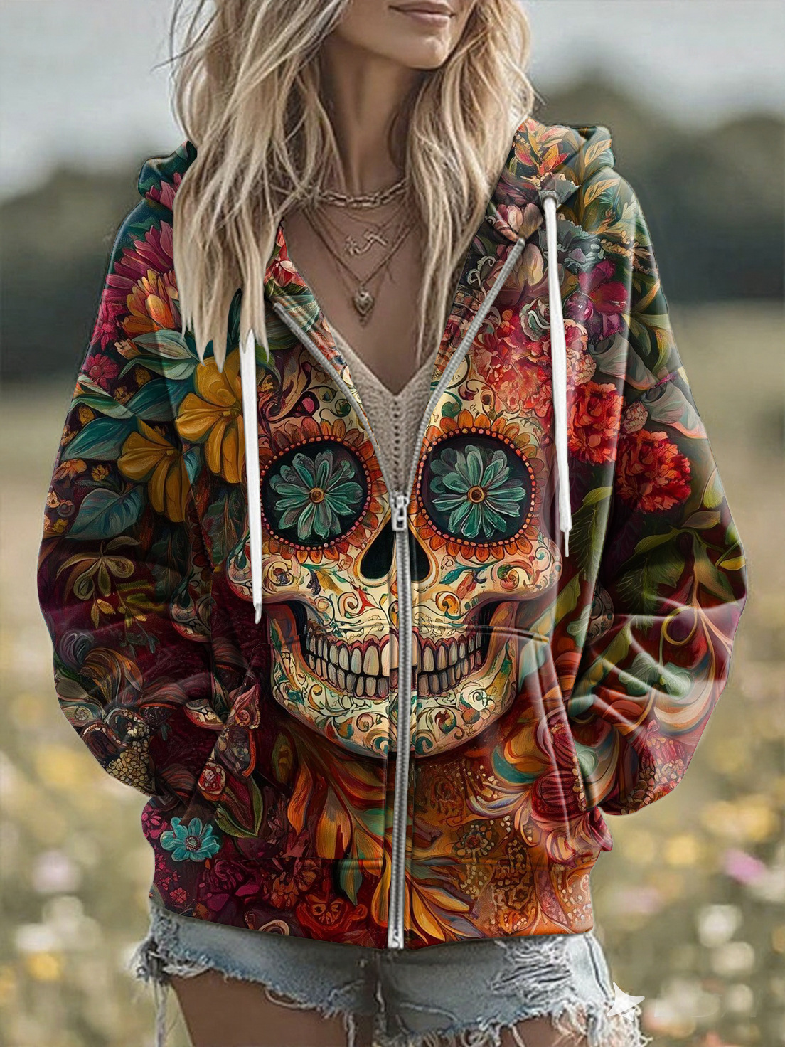 Women's Animal Skull Letter Plaid Print Hoodie