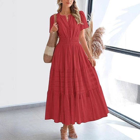 Women's V-Neck Ruffle Bubble Sleeve Layered Maxi Dress