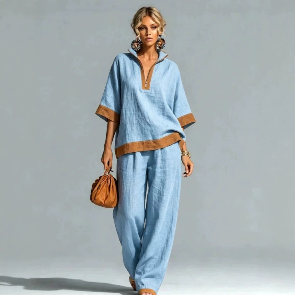 Women's Loose Casual Zip-Neck Top and Pants Set