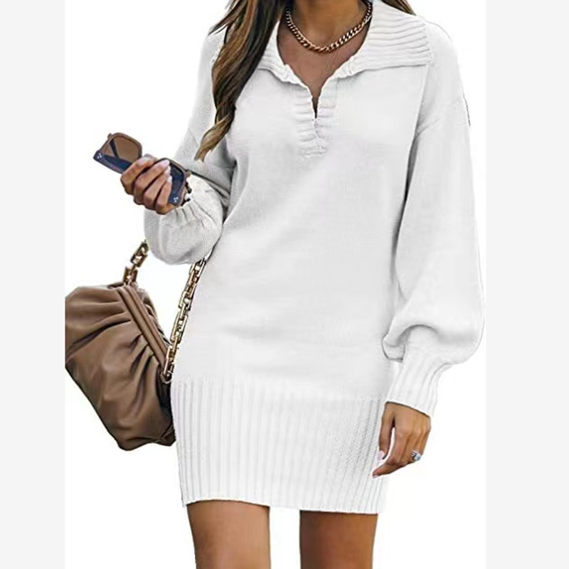 Women's Midi Sweater Dress with Collar and Lantern Sleeves