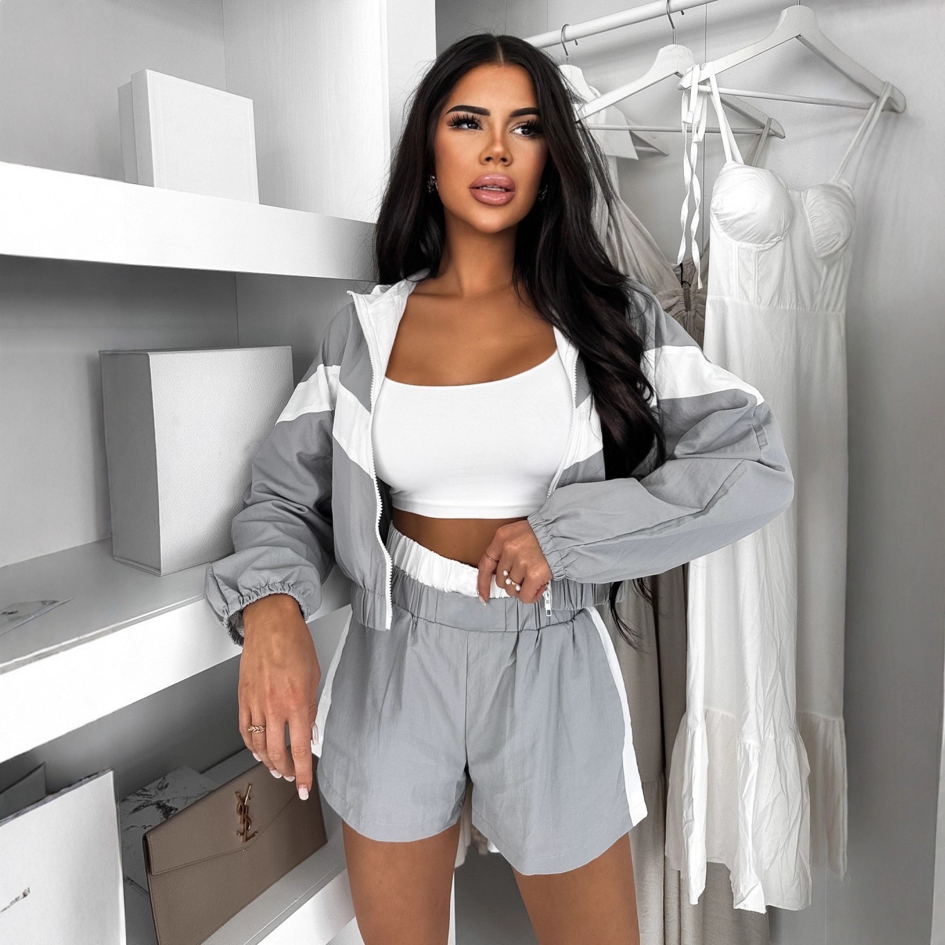 Women's Colorblock Zip Cardigan and Shorts Two-Piece Set