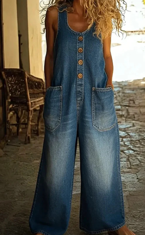 Women's Sleeveless Wide-Leg Denim Overalls with Pockets